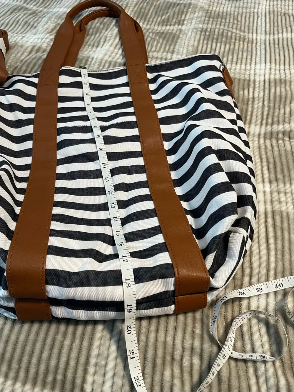 Kindred Bravely Black & White Striped Tote with Brown Accents